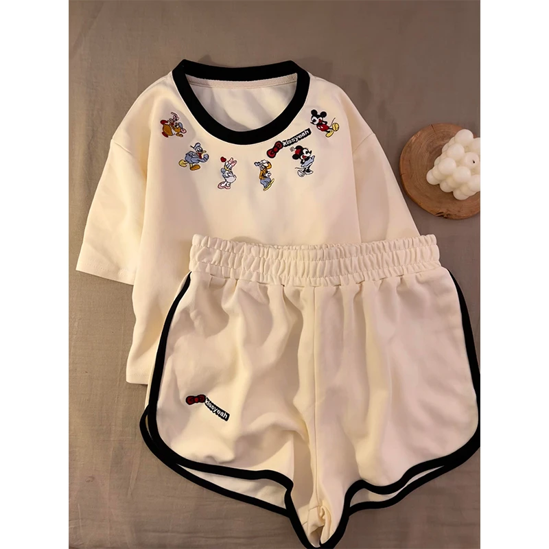 韩系卡通米奇T恤睡衣女夏季新款时尚撞色运动休闲宽松家居服套装