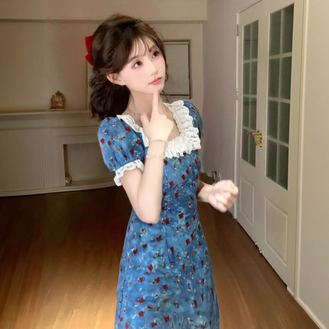 A2025夏新法式高级感蓝色碎花连衣裙子女装独特漂亮碎花长裙D2399