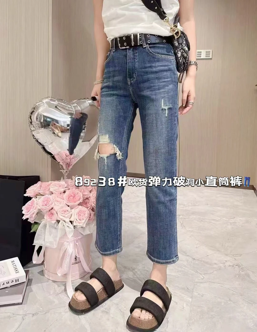 89238款夏季新款大码高腰薄款破洞显瘦直筒烟管九分牛仔裤女