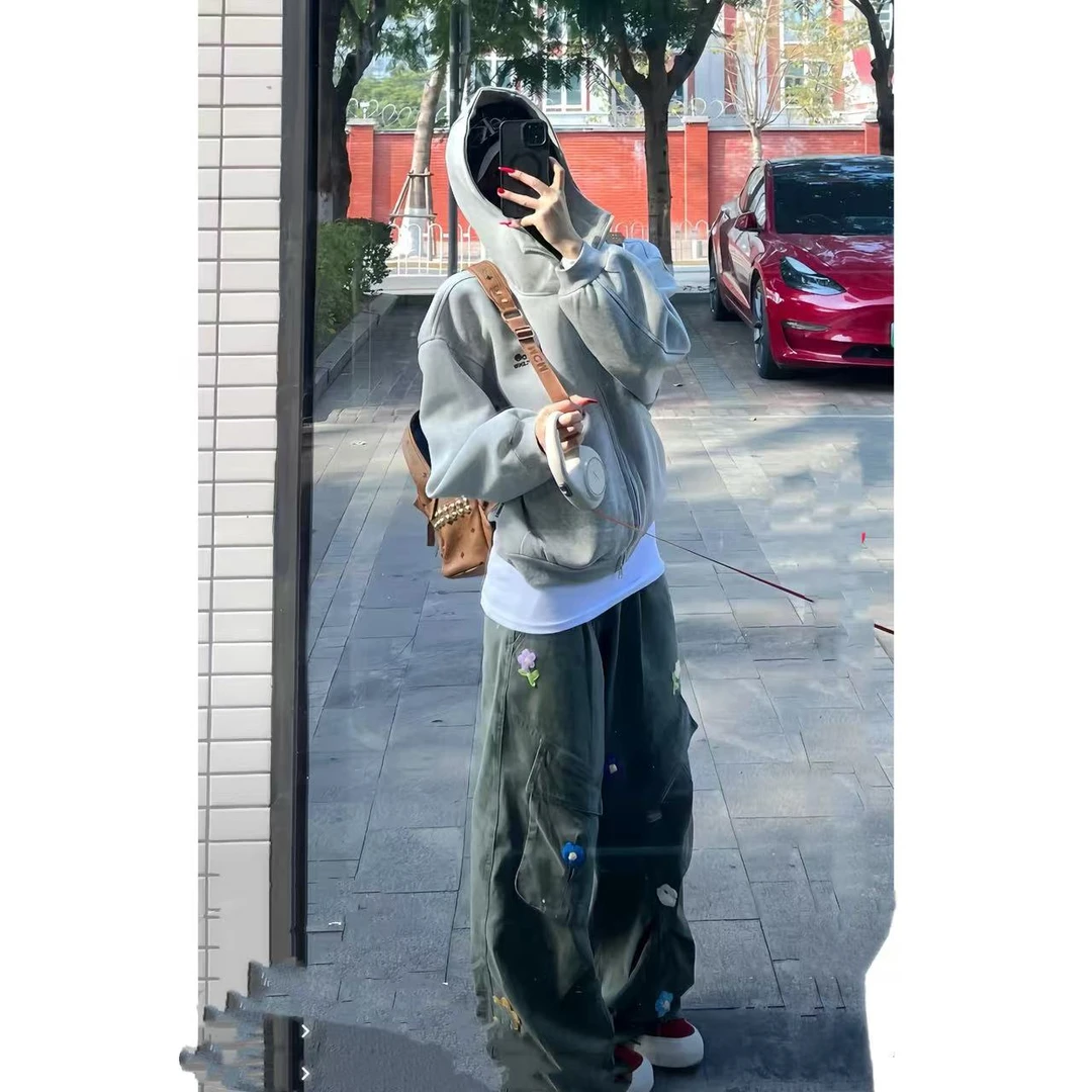 徐秋阳  花朵工装裤  秋季新款百搭时尚休闲显瘦工装裤13098
