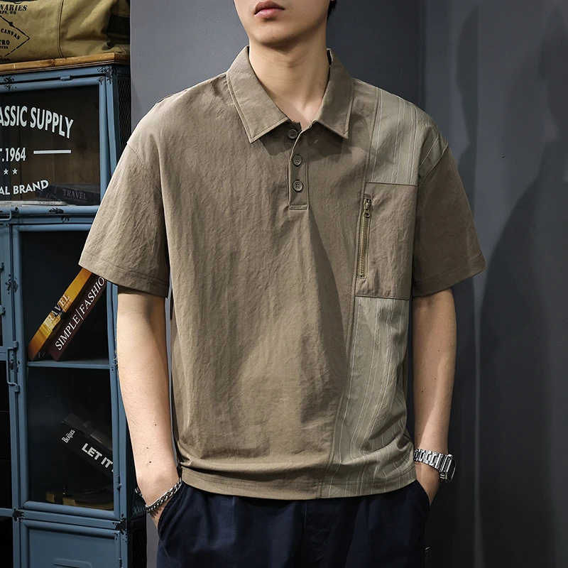夏季2025新款美式复古亚麻短袖POLO衫男潮牌宽松重磅翻领T恤薄款