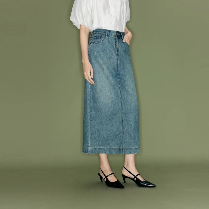 【商场同款】伊芙丽半身裙显瘦牛仔高腰百搭夏季复古开叉长裙