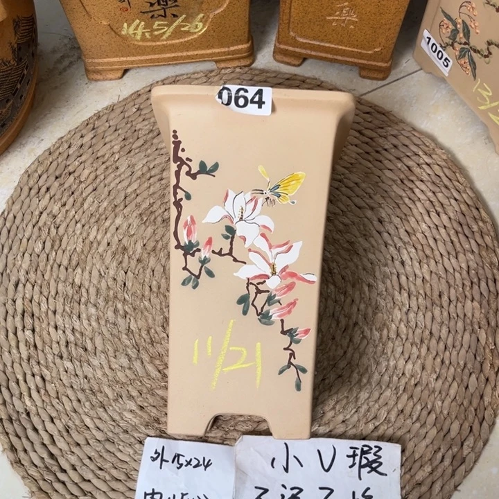 紫砂花盆微微瑕白玉段手绘签筒064