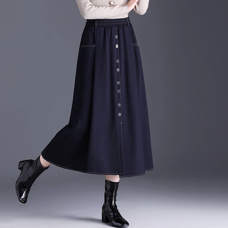 单排扣松紧高腰半身裙2025秋季新款时尚洋气减龄中长款百搭A字裙