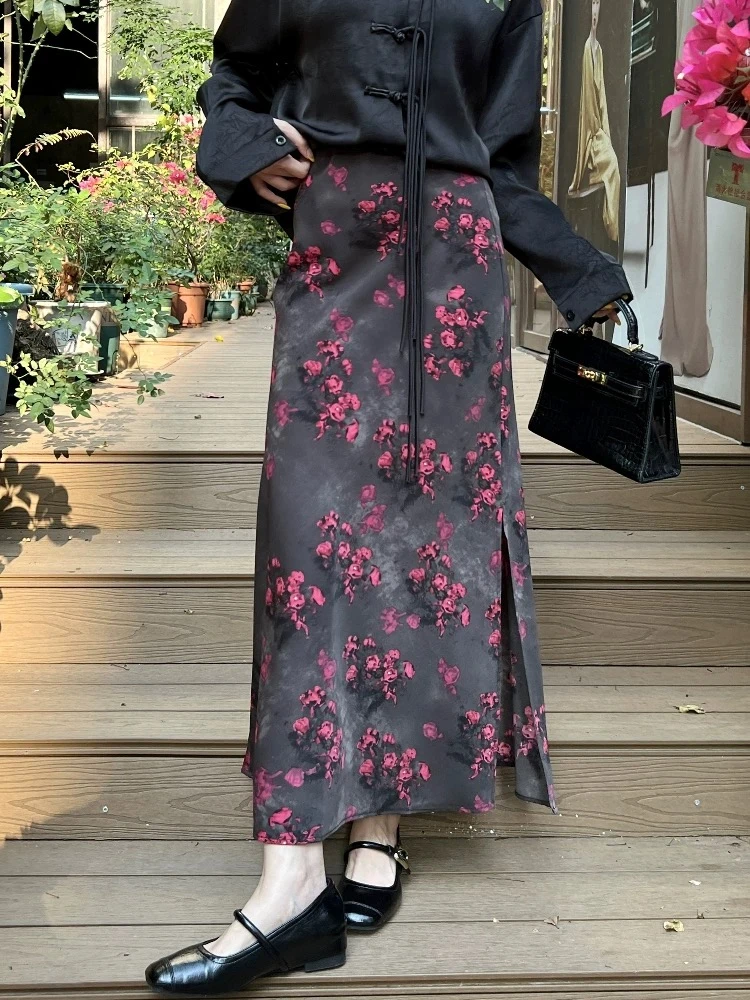 【南油颖颖】25夏款小众高腰显瘦复古水墨印花鱼尾裙半身裙06186