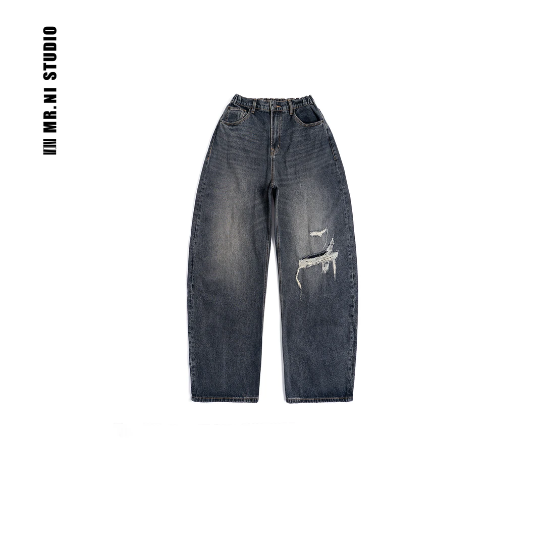 MR.NI/倪先生「破坏王」复古猫须战损刀割破洞香蕉直筒阔腿牛仔裤