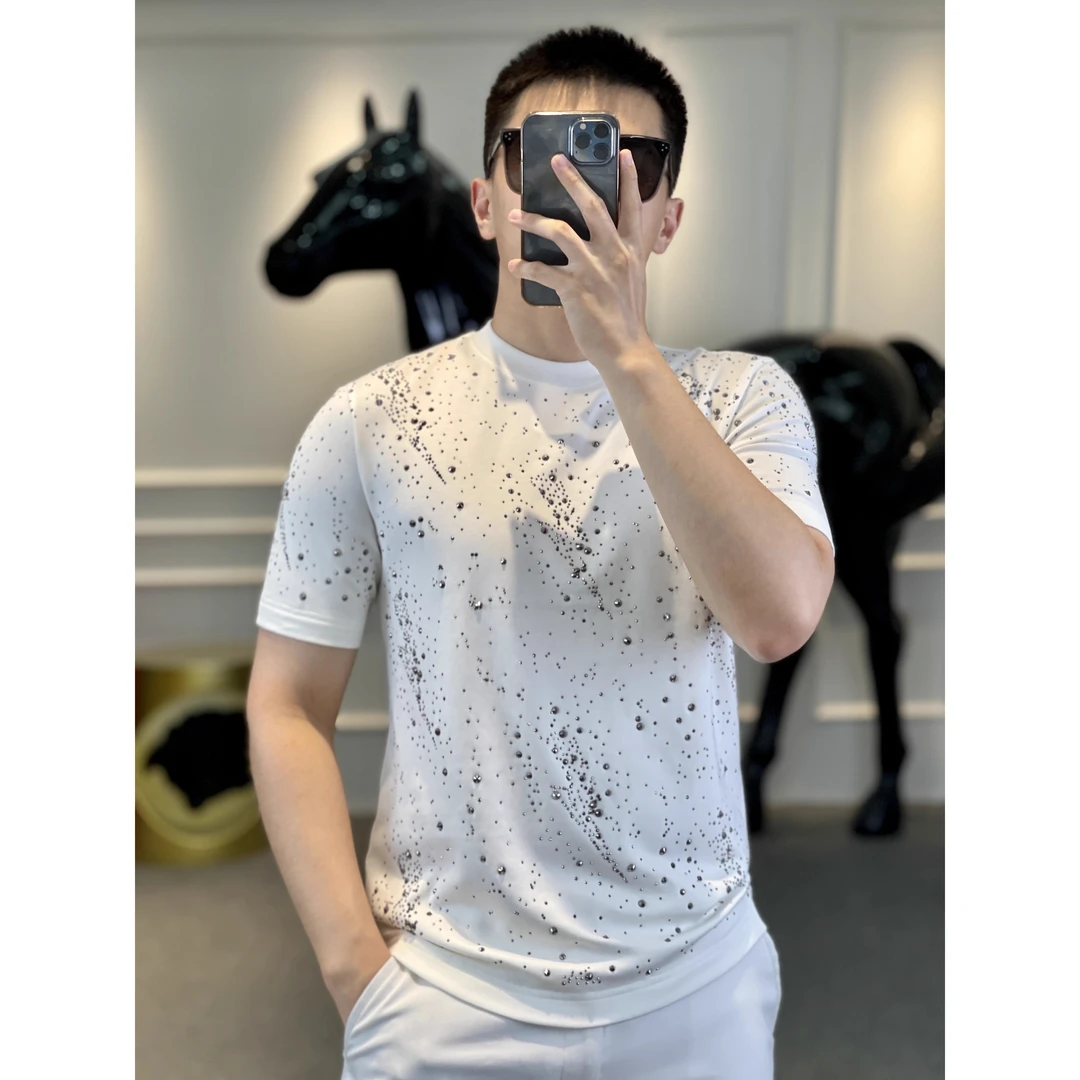 <古帝特尼>秋冬新款男装潮流百搭男士时尚烫钻修身短袖T恤Z+28053