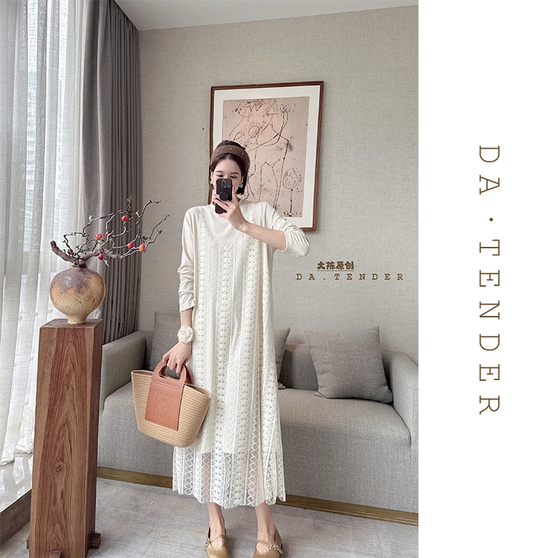 DA·Tender-“法韵蕾丝假两件连衣裙”春季时尚气质温柔宽松减龄