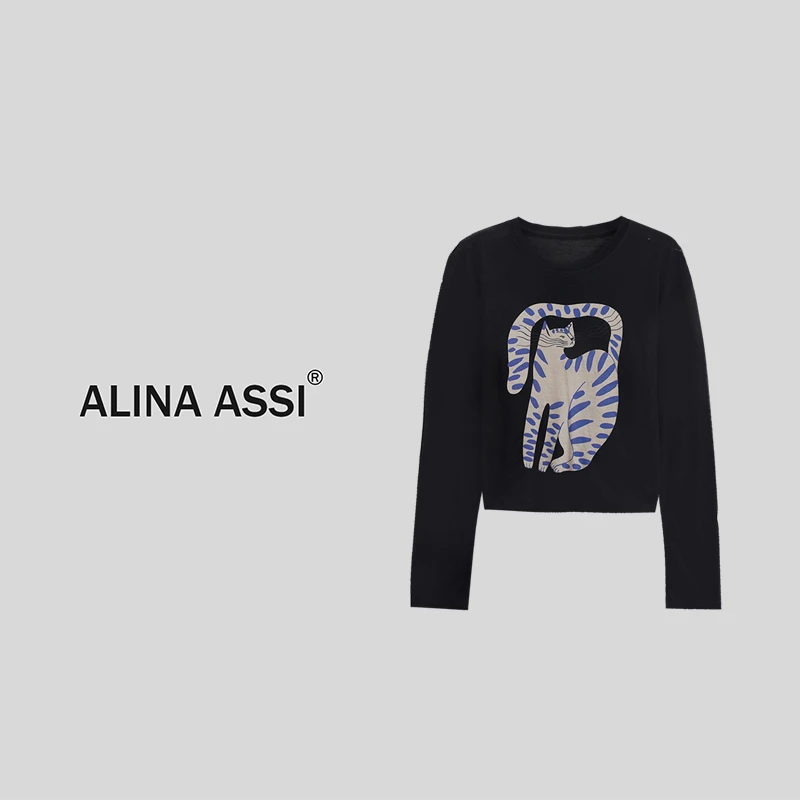 【现货】楠楠2025新款印花长袖恤百搭圆领慵懒风薄款上衣女AM1569