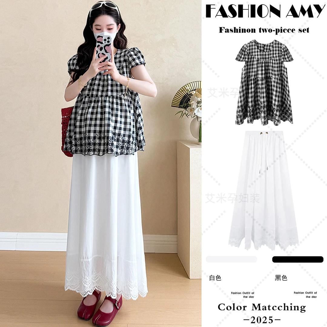 孕妇套装夏装新款时尚法式刺绣显瘦格子娃娃衫休闲蕾丝花边半身裙
