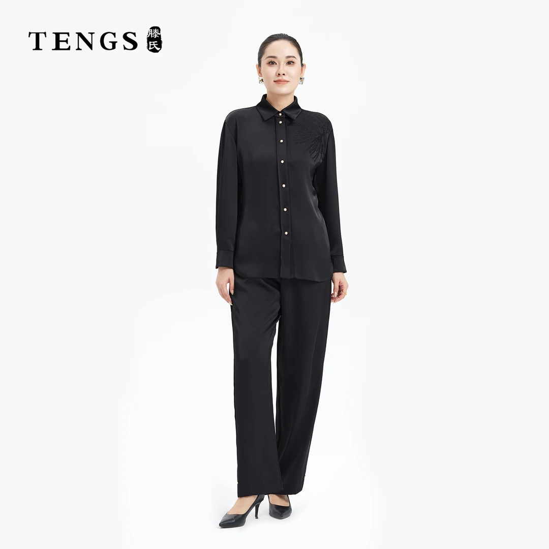 TENGS滕氏女装春夏新款高腰休闲宽松系带直筒裤