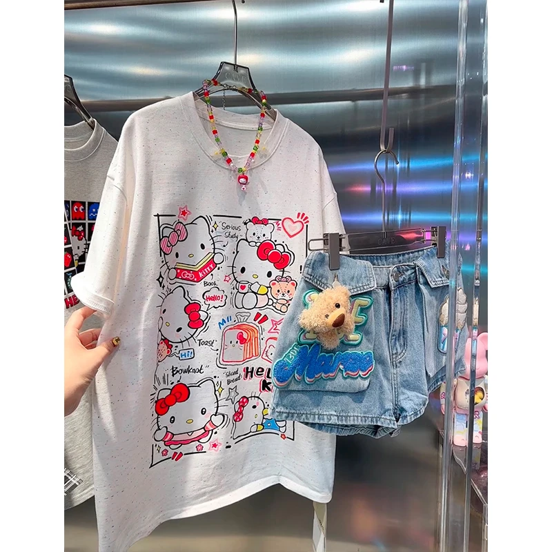 春日游园会 彩色颗粒白色kitty设计师款T恤韩版印花甜美减龄上衣