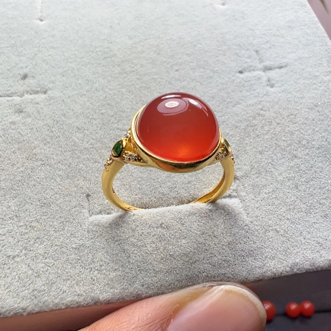 南红玛瑙天然原矿冰红戒指银S925镶嵌