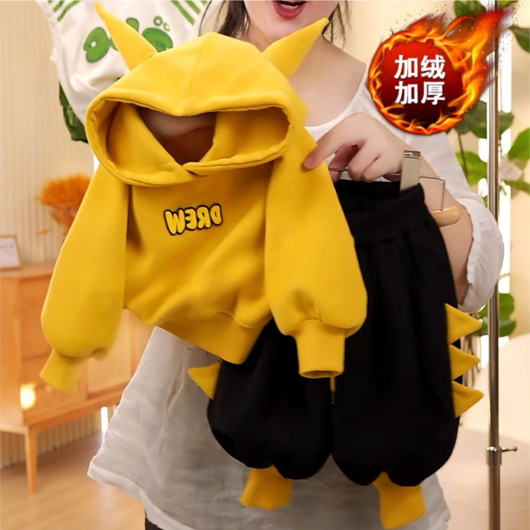 儿童2025秋冬新款套装牛角卫衣宝宝韩版洋气牛仔裤灯笼裤两件套潮