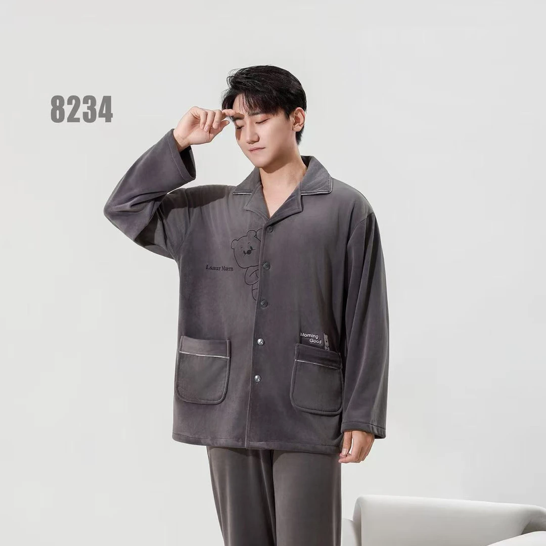 冬季新款海岛绒睡衣男加厚加绒保暖可外穿家居服套装秋冬季