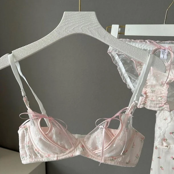 法式郁金香碎花镂空绑带欲网纱日系可爱薄杯少女内衣套装性感