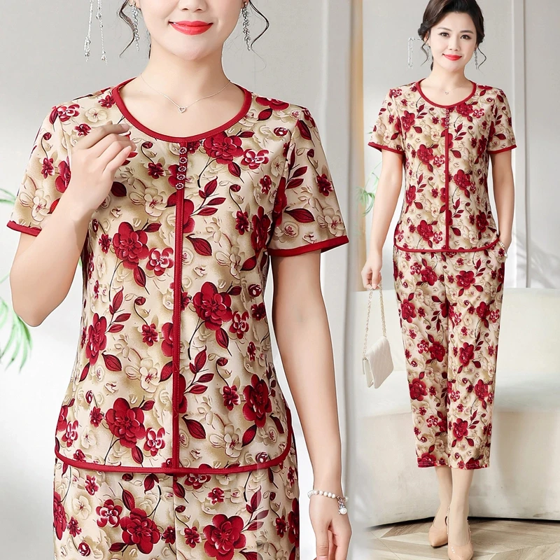 【上衣+裤子】弹力宽松大码时尚套装夏季新款洋气休闲中老年妈妈装