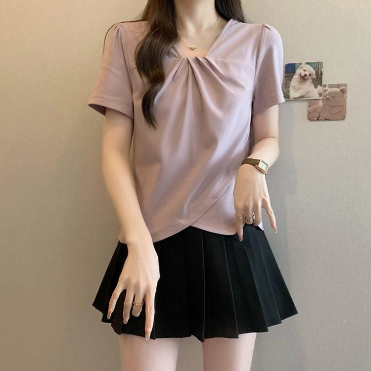 杜拉妮浅紫色V领正肩短袖T恤女2025夏季新款小衫大码胖mm不规则