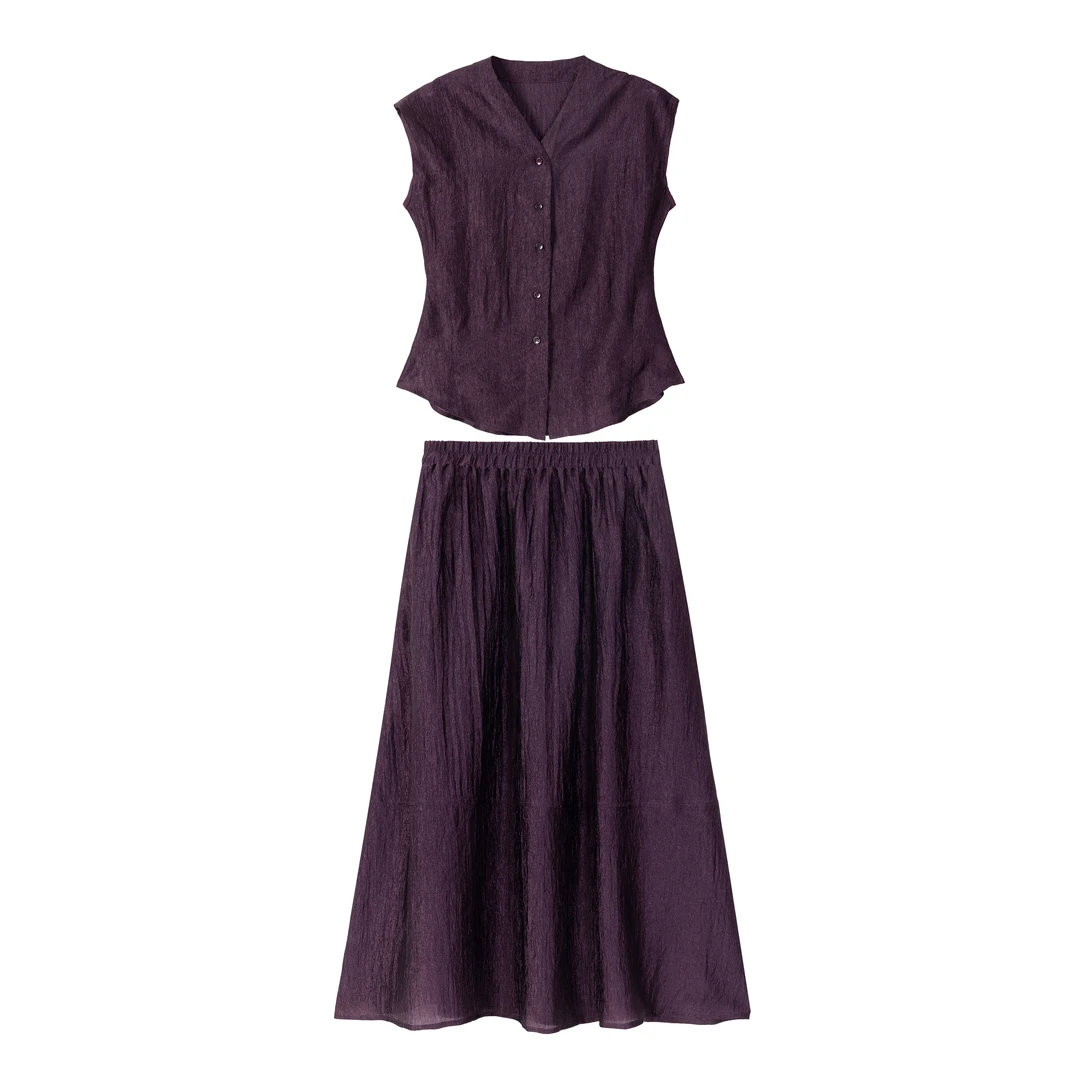 【格一专属】轻奢时尚新款 气质珠光醋酸V领收腰衬衣休闲优雅套装