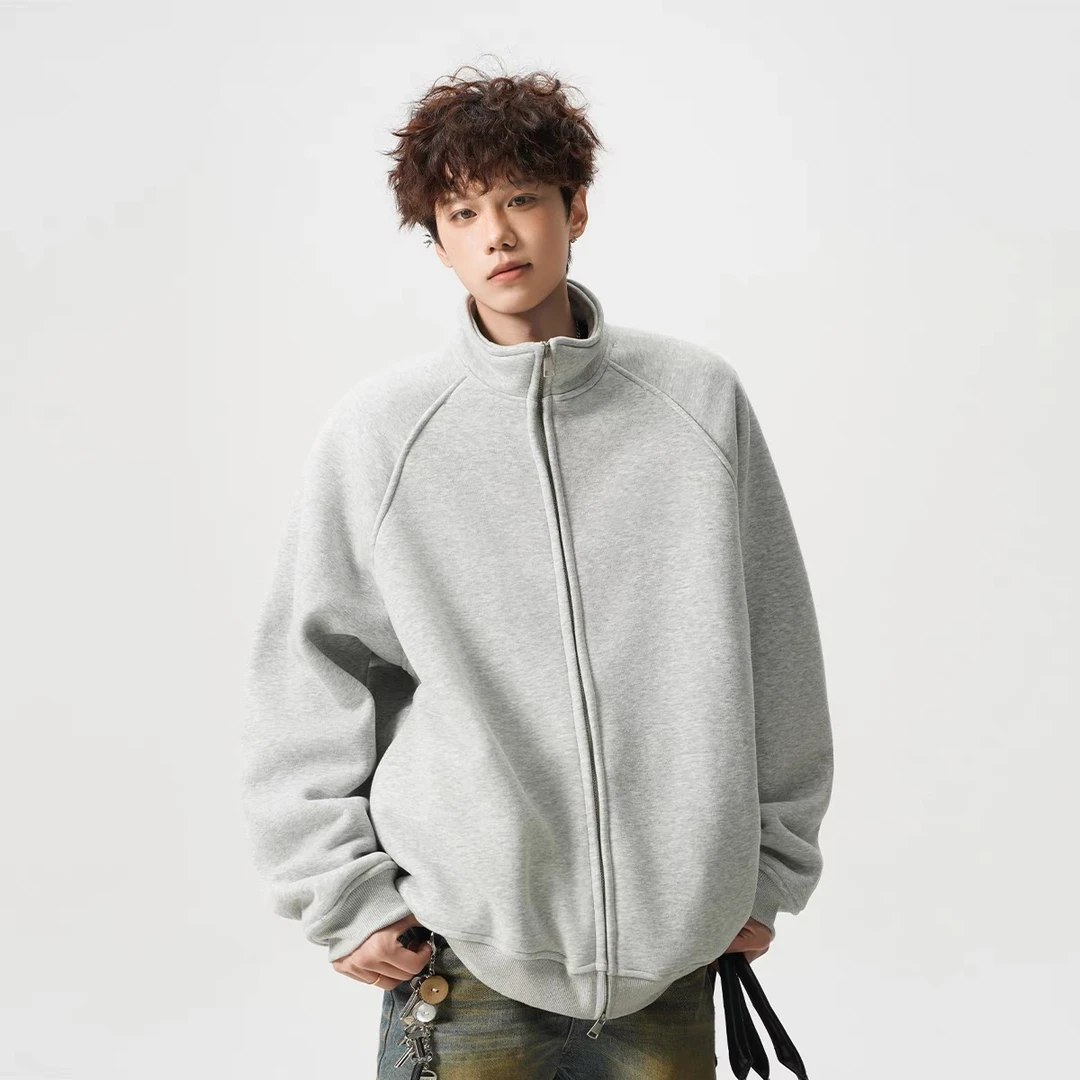 美式重磅双拉链开衫卫衣男女春秋冬宽松运动立领夹克纯色情侣外套