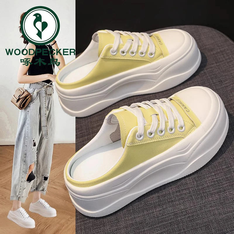 啄木鸟爆款厚底包头半拖鞋女夏季外穿2025春季新款百搭松糕小白鞋