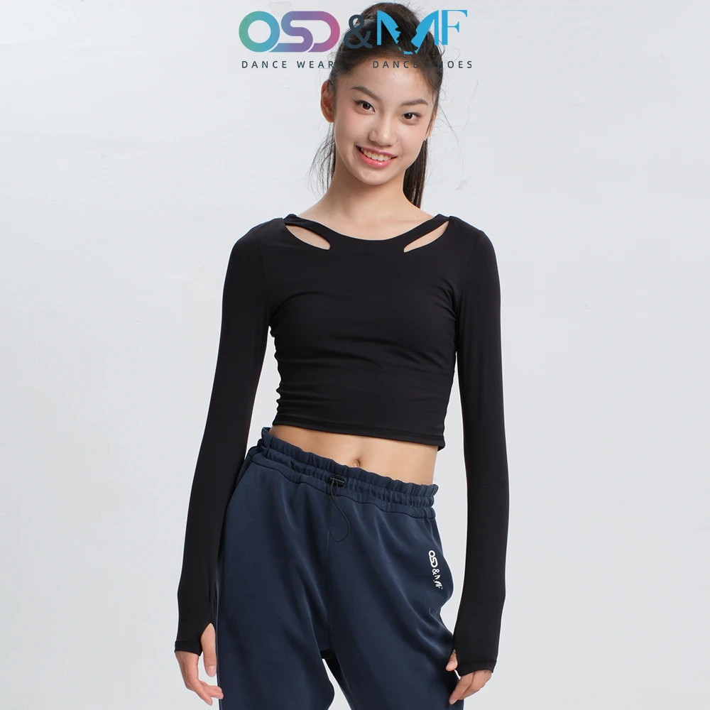 OSD&MF拉丁舞练习服女童2025新款女款成人上衣镂空黑色长袖训练服