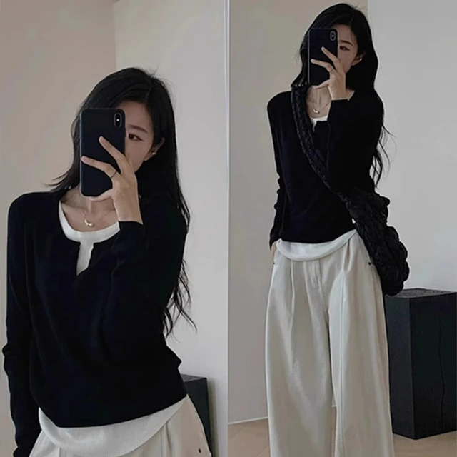 黑色v领打底衫女春秋小个子修身假两件针织衫内搭长袖t恤短款上衣