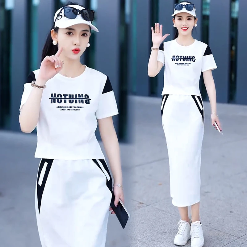 高含棉休闲印花套装裙女2025年夏季新款韩版时髦显瘦半身裙两件套