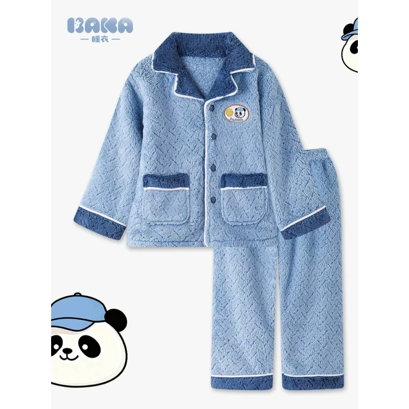 2025新款儿童冬季加厚保暖雅莉绒睡衣套韩版棒球熊猫男童家居服
