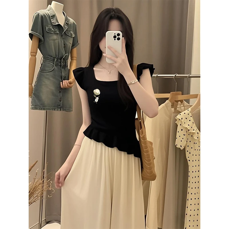 法式黑色短袖T恤女夏季新款高级感显瘦不规则木耳边飞飞袖上衣