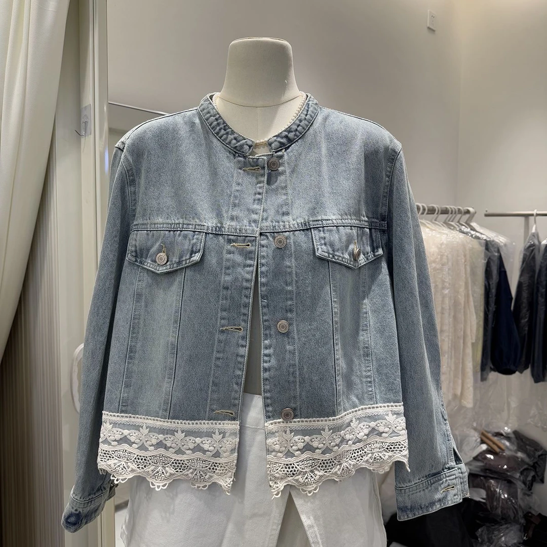 韩系蕾丝花边拼接做旧牛仔外套女2025春季新款圆领休闲短款上衣潮