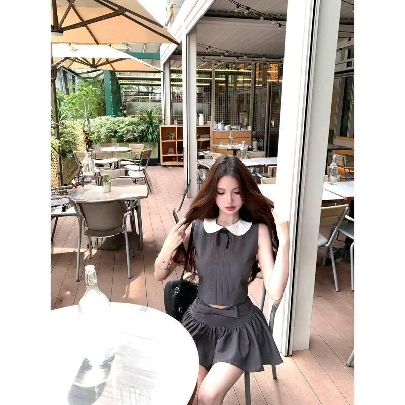 夏日miu系绝美灰色蝴蝶结娃娃领无袖上衣短裙小个子两件套装女