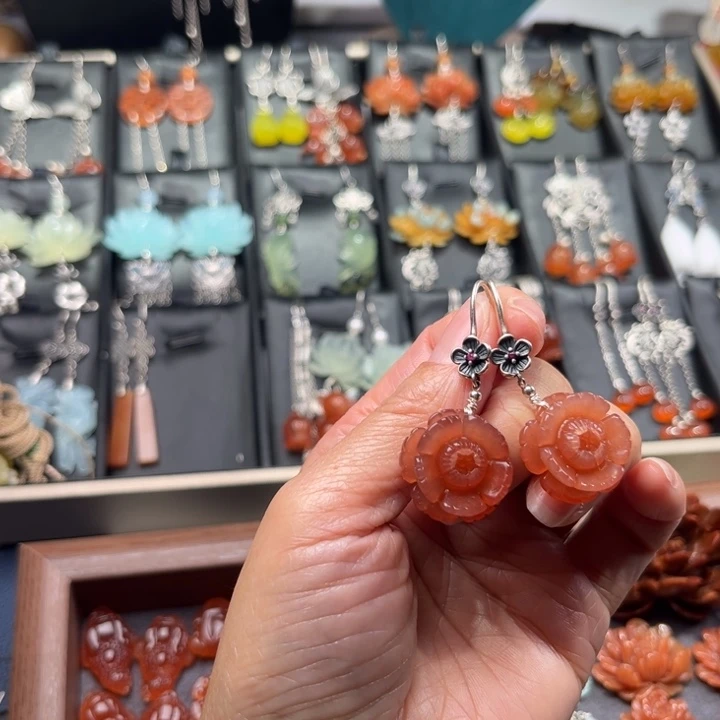 蛇纹石玉耳饰银S925镶嵌