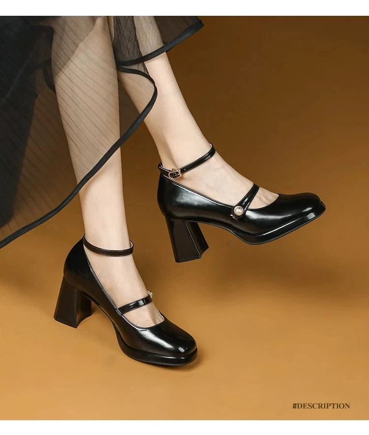 2465-5防水台女粗跟2025新款方头气质米白色一字扣厚底玛丽珍单鞋