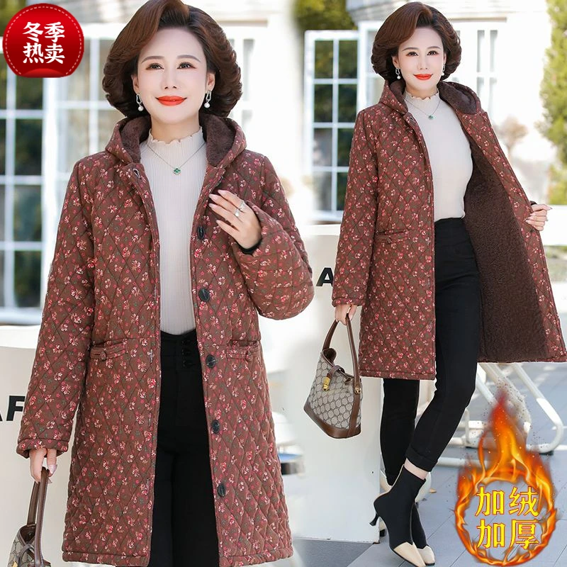 60-80岁妈妈冬季新款棉服棉袄中长款碎花加绒中老年保暖棉衣外套