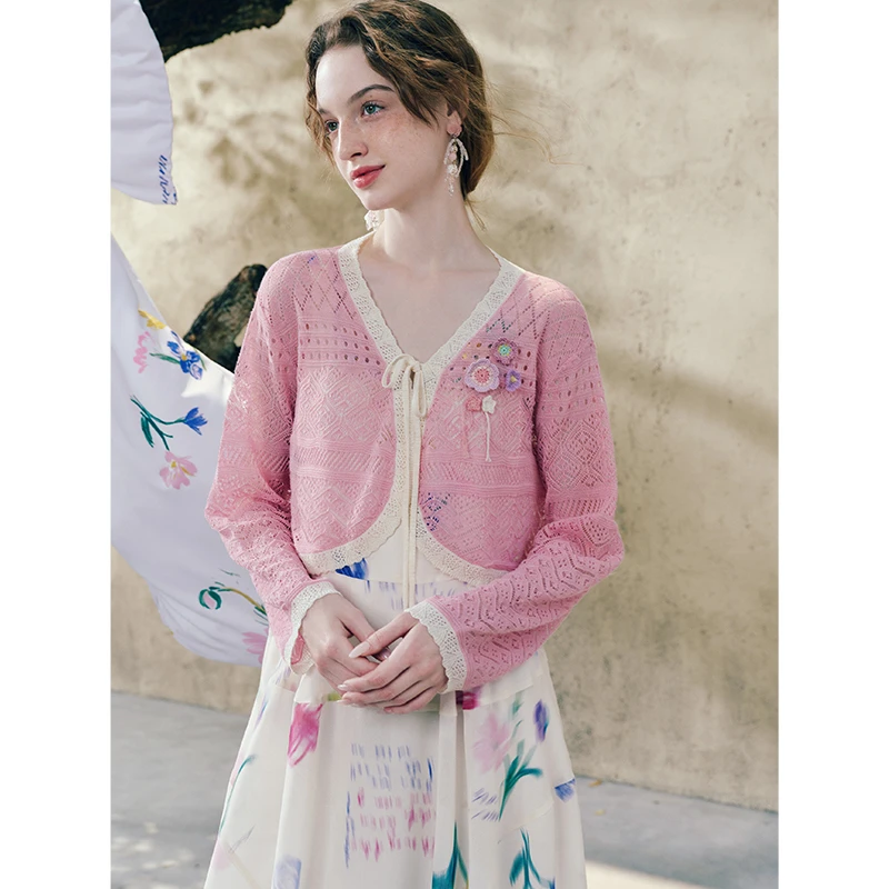 两三事织雾花汐小清新手钩花镂空针织开衫女短款