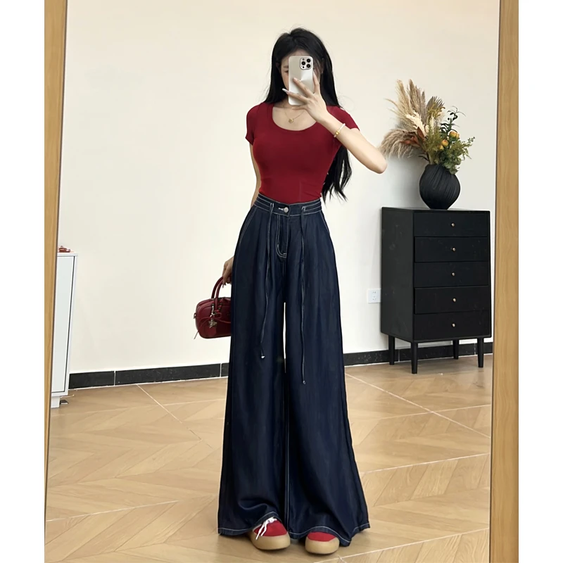 乔栈丹宁蓝莱赛尔天丝牛仔裤女2025年夏季薄款垂感喇叭裤阔腿裤子