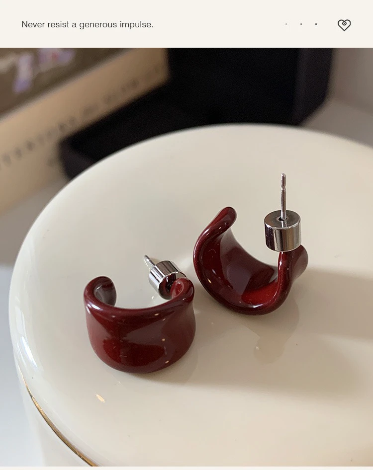 铜合金耳饰 简约复古安可拉红滴油c型小耳圈银针小众设计感耳圈