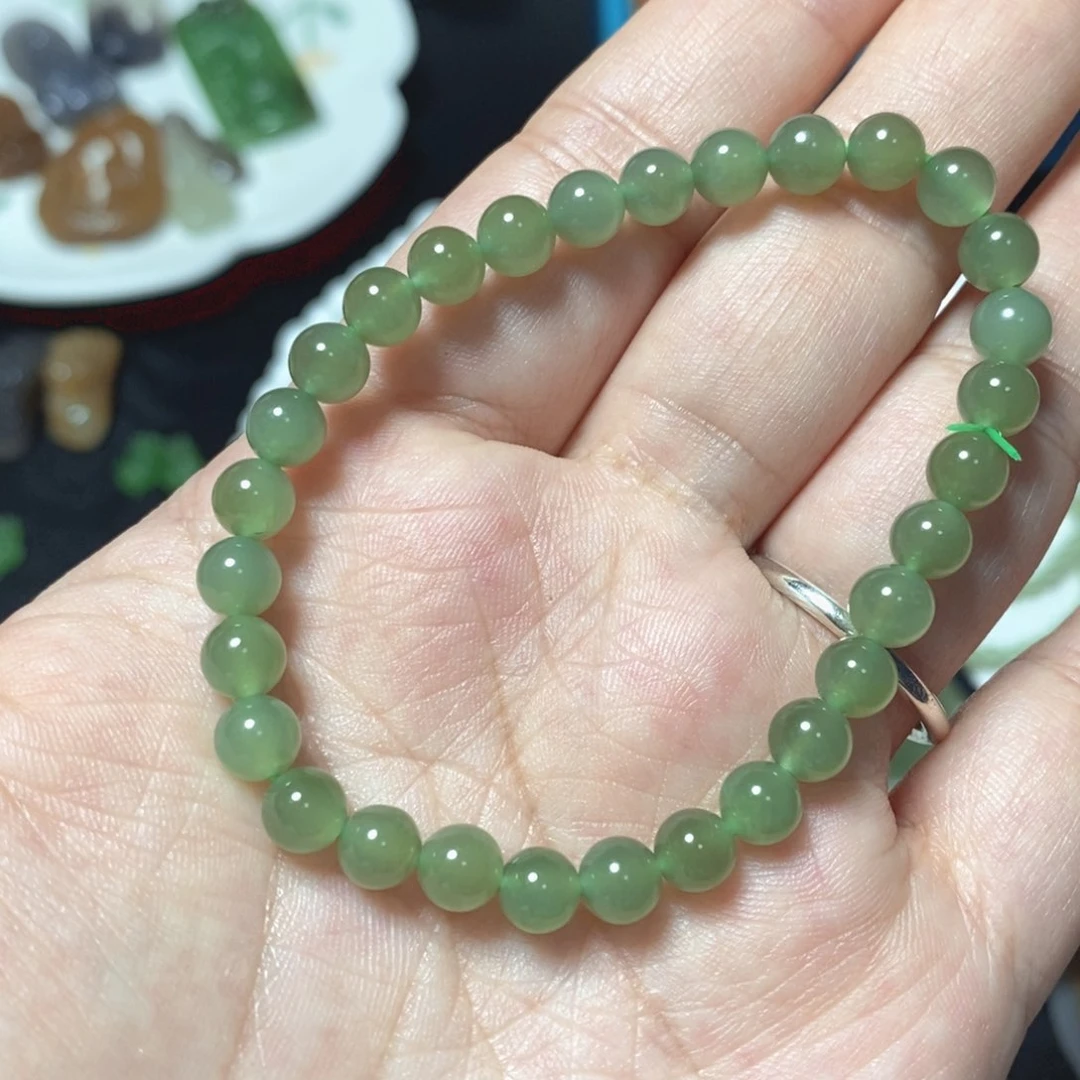 和田玉未镶嵌手串碧玉圆珠卡8mm