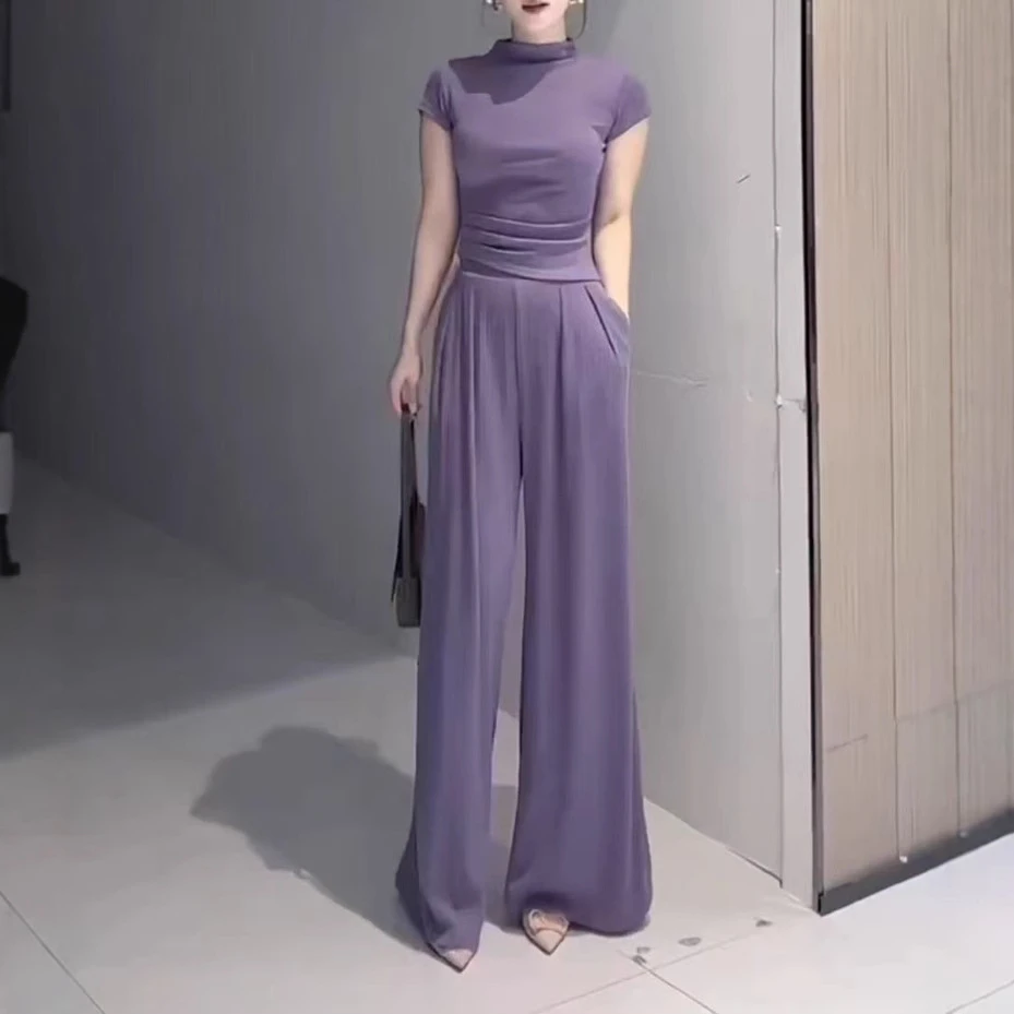 【大爱美依缘】新款简约时尚净版短袖上衣直筒阔腿裤套装女款两件套