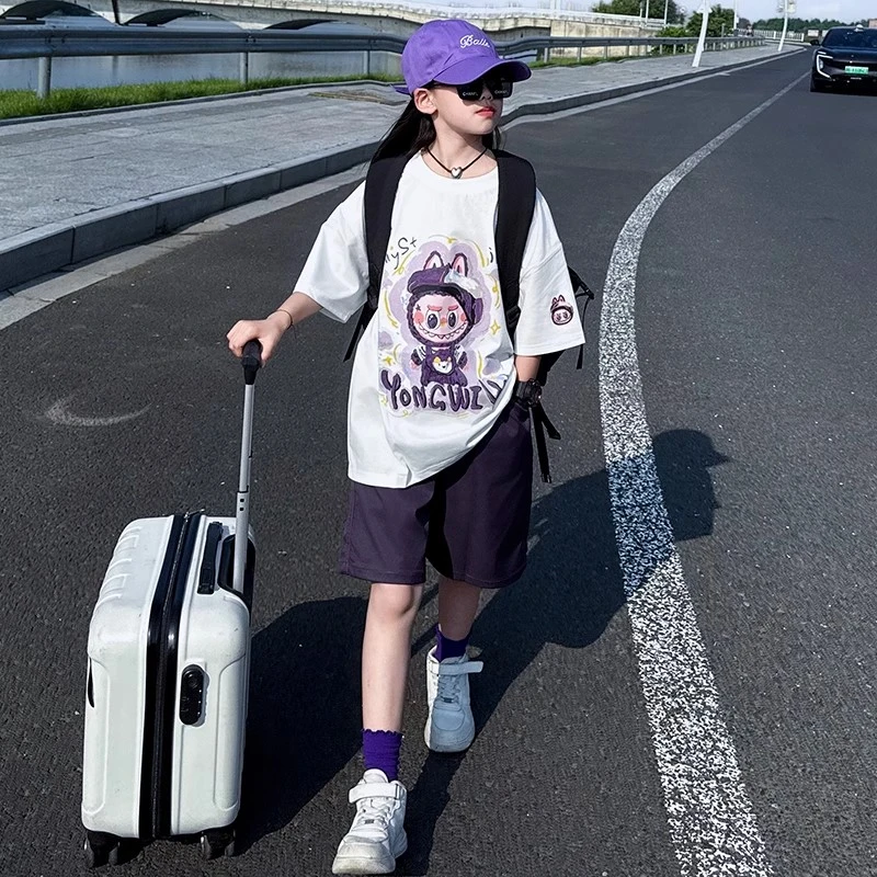 女童短袖t恤套装夏季2025新款中大童网红卡通半袖休闲短裤两件套