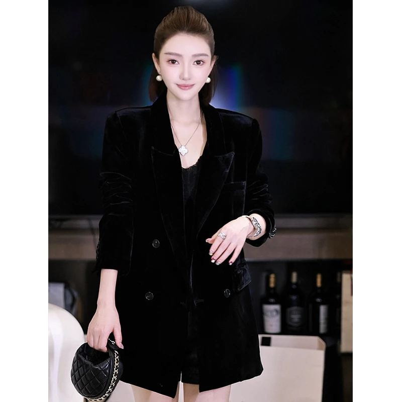 设计师品牌正品黑道千金法式赫本风真丝丝绒西装外套女