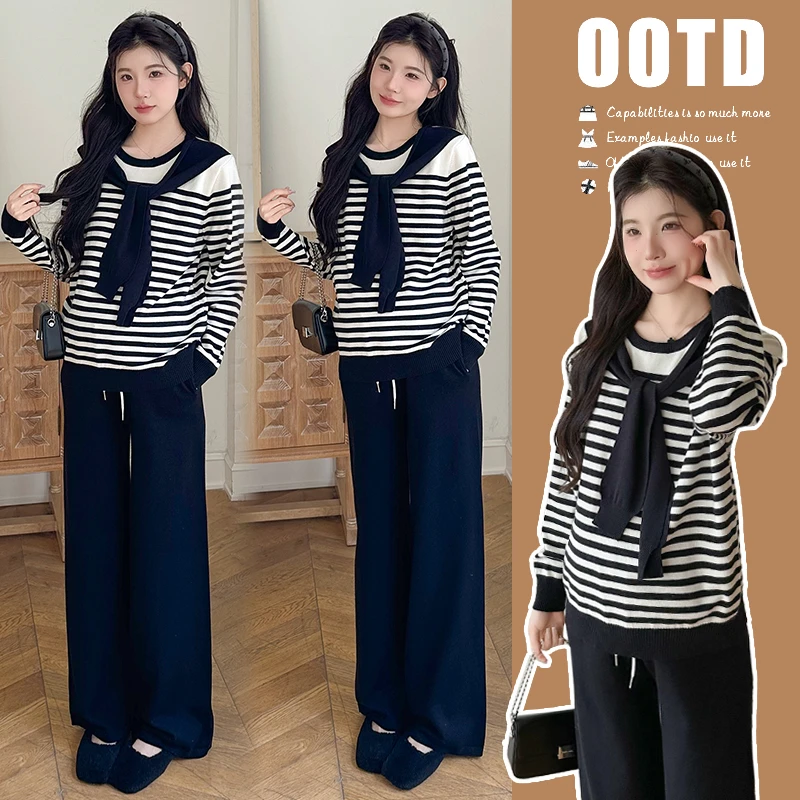 孕妇套装2025秋季韩版新款时尚甜美休闲宽松运动风假两件针织套装