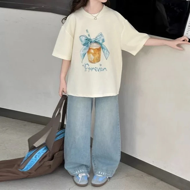 儿童T恤2025夏季女童新品3206蝴蝶结奶茶款短袖T恤中大童韩版童装