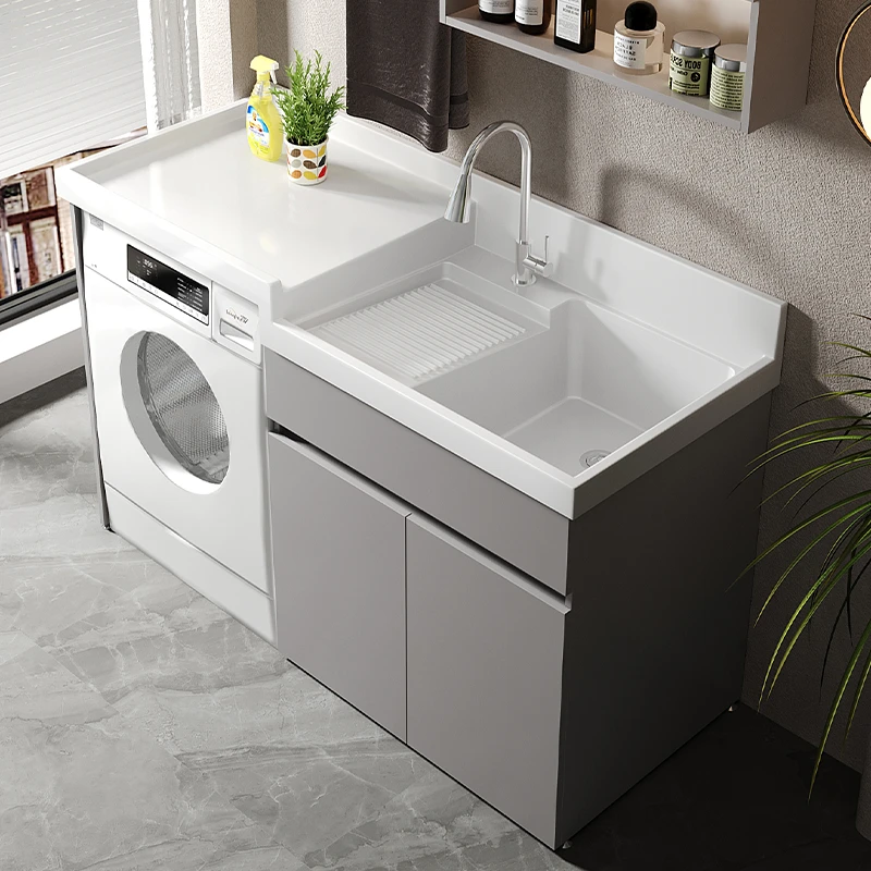 【慧曲】升级浅灰全铝蜂窝铝阳台洗衣机柜定制洗衣台盆一体伴侣组合