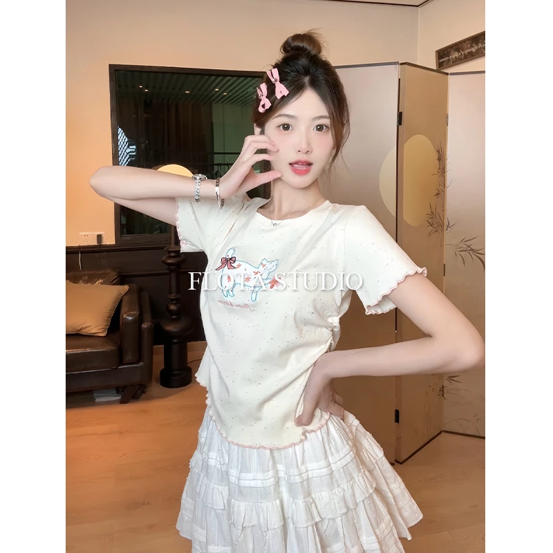 【flota】韩系卡通小碎花猫咪刺绣短袖T恤女减龄休闲百搭上衣0736