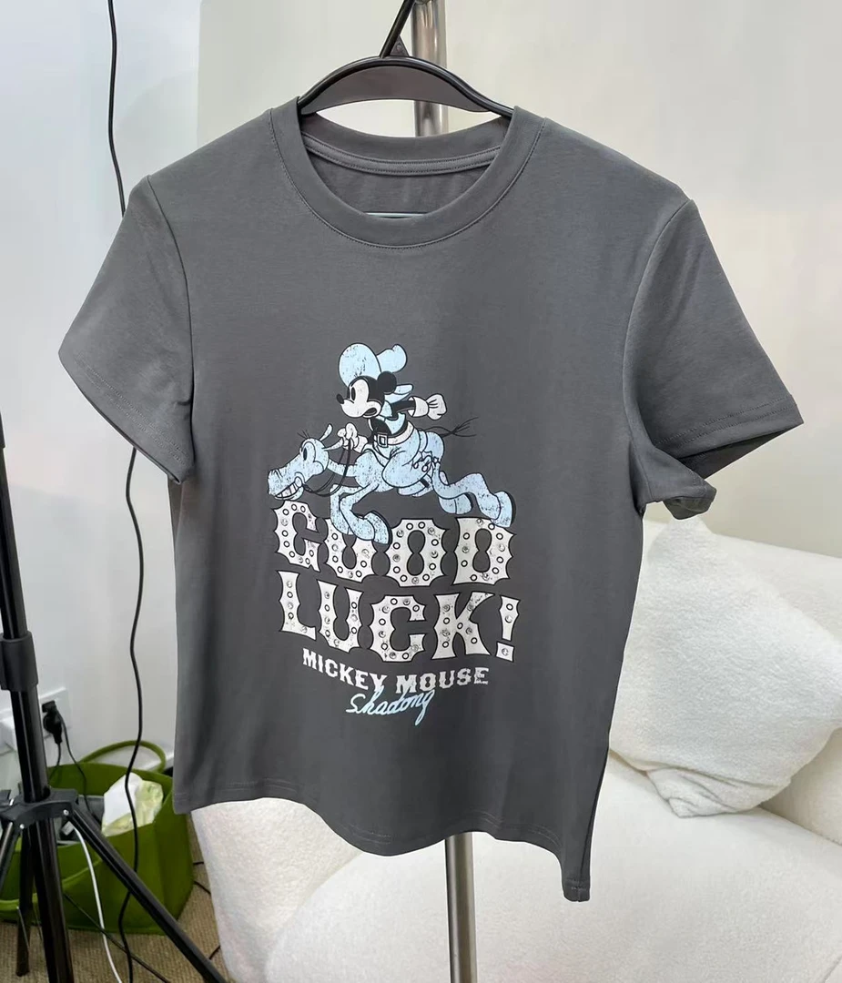 深圳南油原创2025新款米奇老鼠烫钻字母印T恤25187