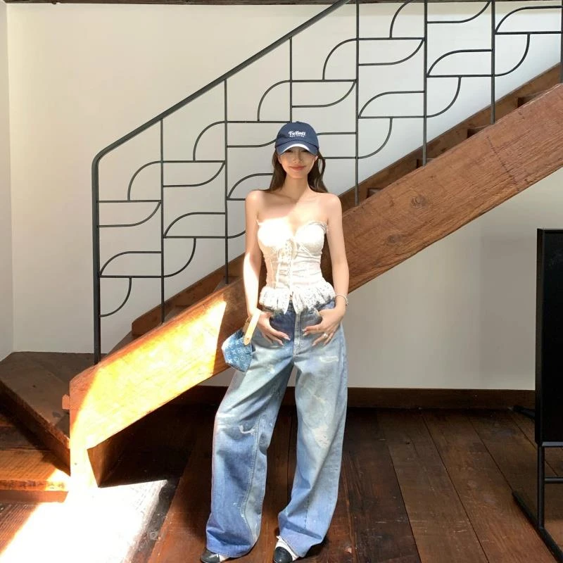 夏日绝美小套装辣妹风性感修身蕾丝绑带抹胸上衣百搭休闲牛仔裤女