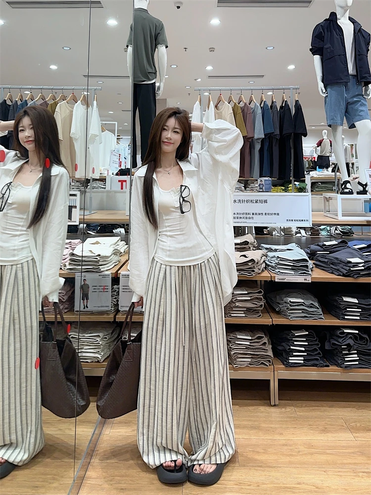 大码胖mm宽松慵懒风长袖防晒衬衫女夏季半开领背心阔腿休闲裤套装