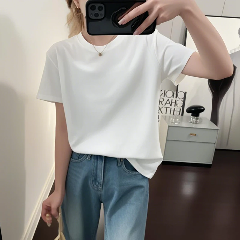 欧货纯棉白色短袖T恤女2025新款夏季圆领减龄显瘦卡通打底衫上衣